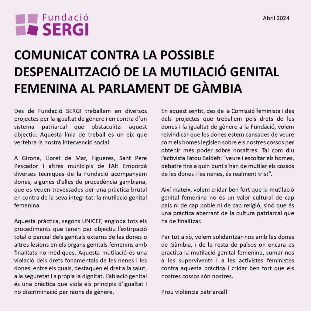 Comunicat contra la possible despenalització de la mutilació genital femenina al parlament de Gàmbia
